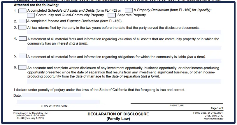 FL-140 Form – Edit, Fill & Print Online-CA Divorce Software 5 Declaration of Disclosure(family law) fl-140 CA