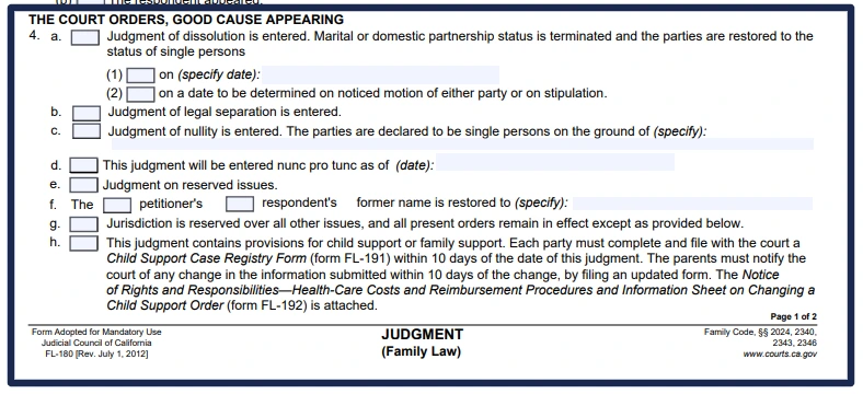 FL‑180 Form – Edit, Fill & Print Online-CA Divorce Software 7 FL-180 Court Orders section CA Divorce Form