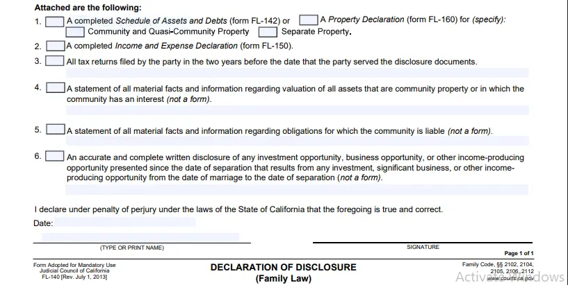 FL-140 Form Declaration of Disclosure– CA Divorce Guide 5 preliminary final disclosure List of attached forms