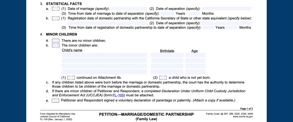 FL-100 Petition for Divorce: Edit, Fill & Print Online Fast 6 Statistical Facts and Minor Children