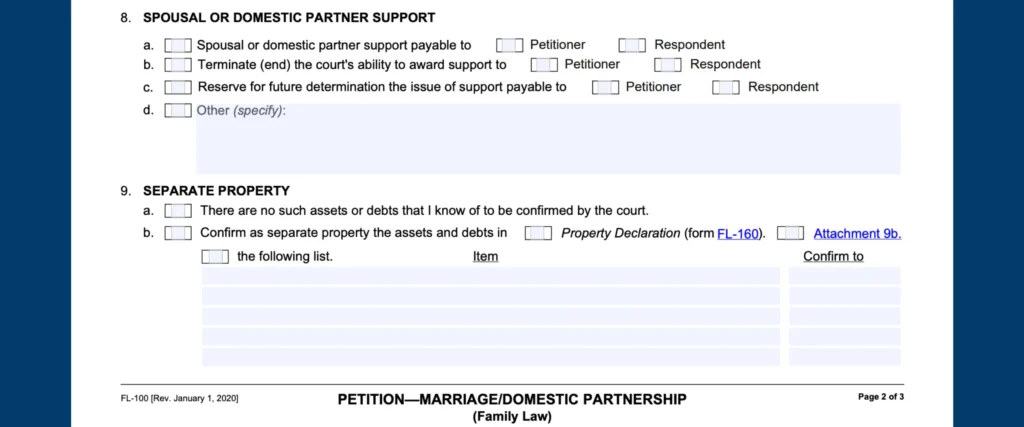 FL-100 Petition for Divorce: Edit, Fill & Print Online Fast 8 FL-100 Spousal Support and Separate Property