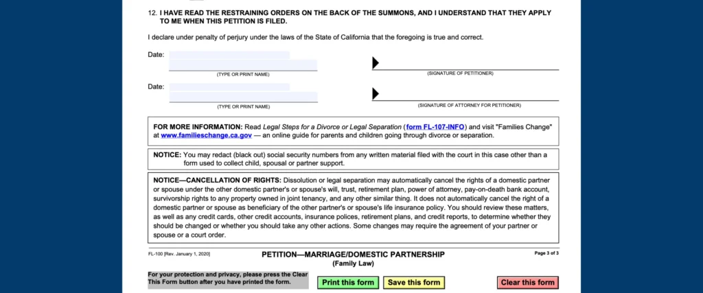 FL-100 Petition for Divorce: Edit, Fill & Print Online Fast 10 Acknowledgment and Signature