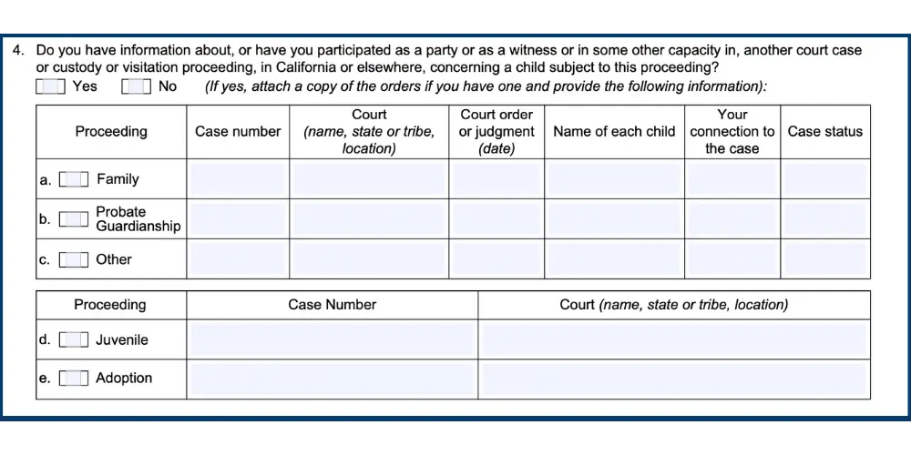 Information on Prior Court Cases - Family law 105 form