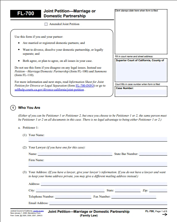 FL-700 Joint Petition or Legal Separation in California