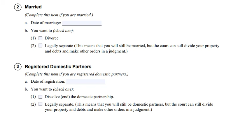 Item 2 : Marriage / Domestic Partnership (Fill Where Applicable) FL-700