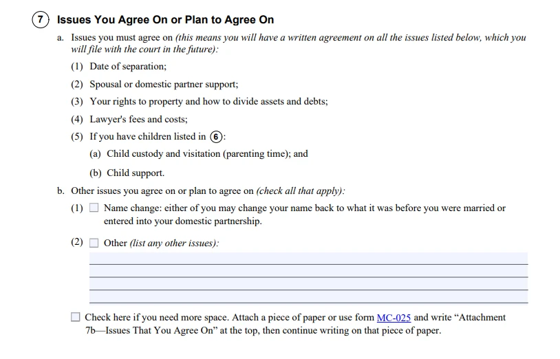 Item 7: Issues You Agree On or Plan to Agree On (FL-700)