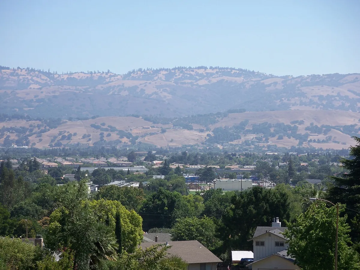 View over Morgan Hill, California, toward El Toro peak and the surrounding hills