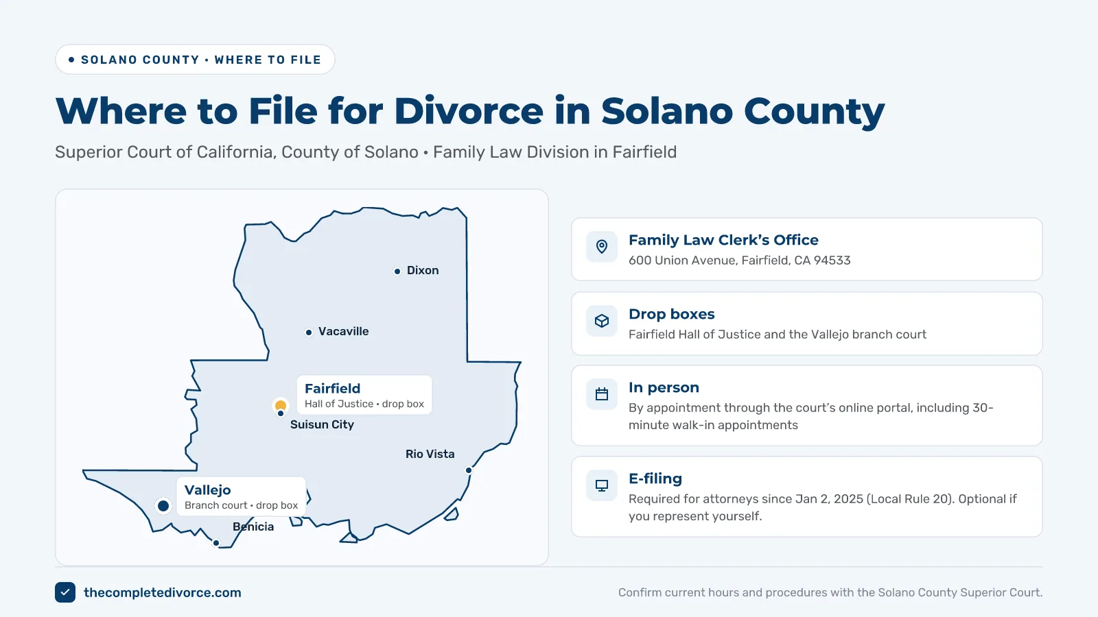 Where to file for divorce in Solano County: map of Fairfield Hall of Justice at 600 Union Avenue and the Vallejo branch court drop box