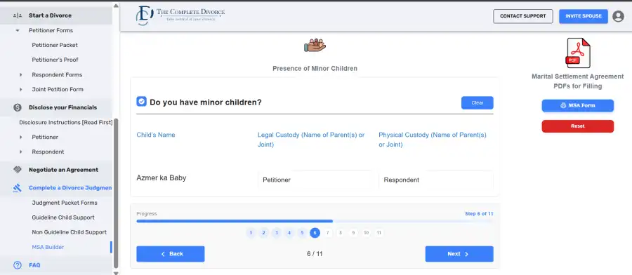 The Complete Divorce agreement builder entering minor children and custody details with a Marital Settlement Agreement PDF