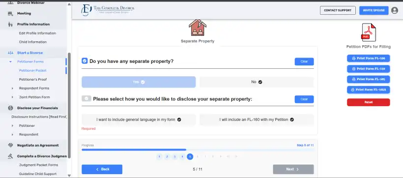 The Complete Divorce petition builder asking a California separate property question and generating court forms FL-100, FL-105 and FL-110